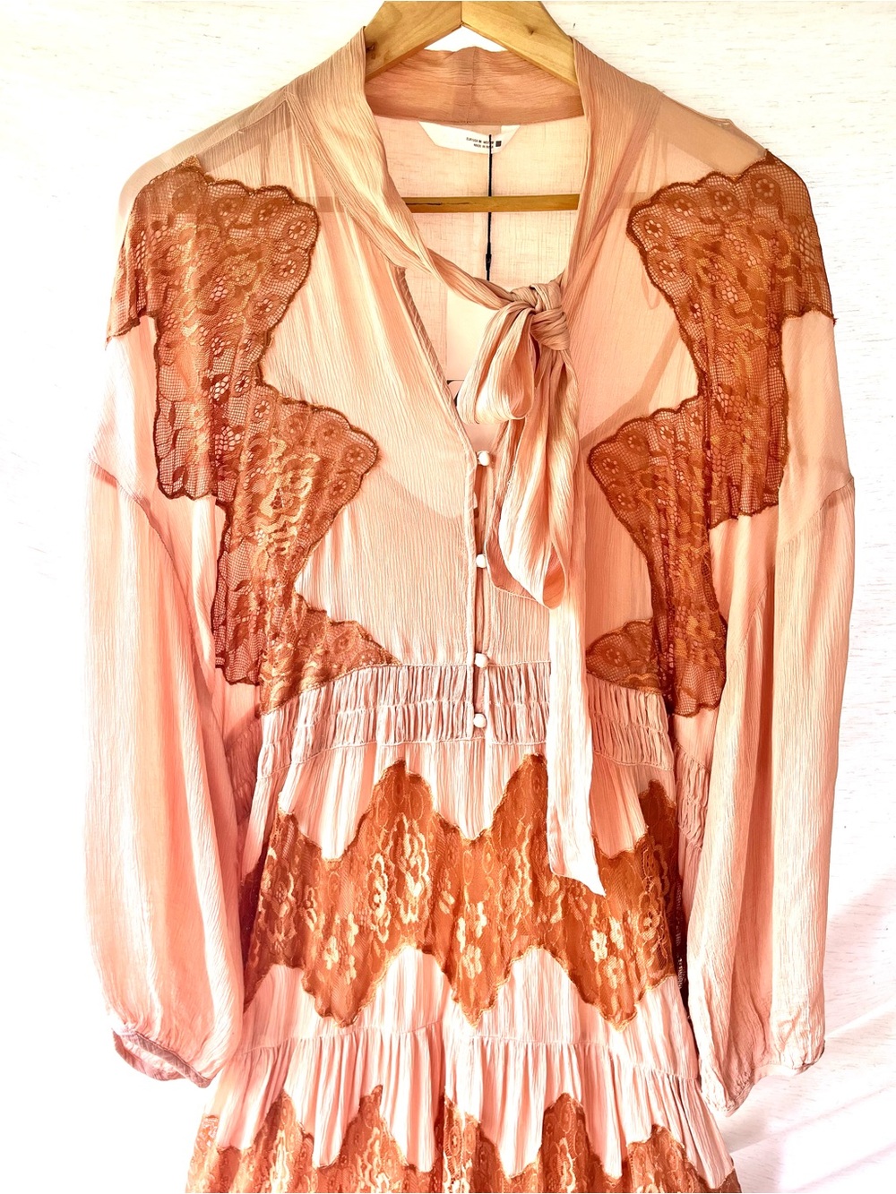 Zara Maxi Lace Dress Crinkle Long Rouched Sleeves High Tie Bow Collar V-Neck Med - Picture 13 of 16